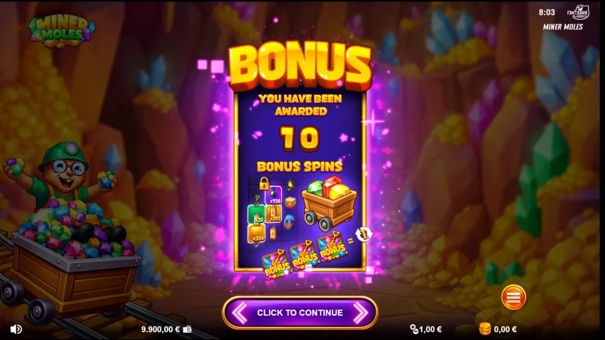 Tampilan visual slot Miner Moles dengan tema tambang kartun yang cerah