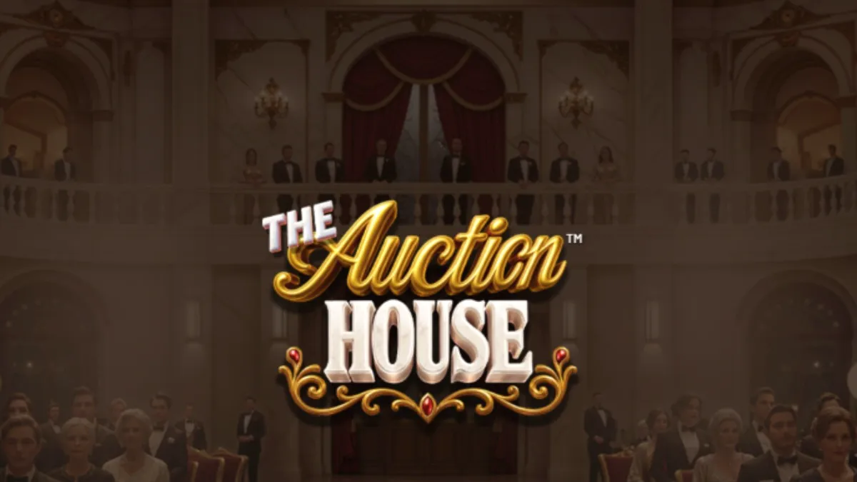 Tampilan visual mewah dari slot The Auction House dengan simbol barang antik dan mobil sport.